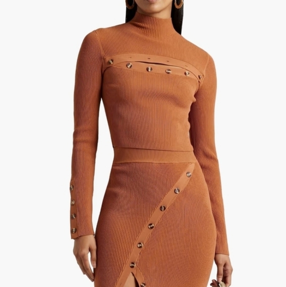 Nicholas Juliet Rib Knit Long Sleeve Cropped Funnel Neck Top in Caramel - Picture 2 of 12